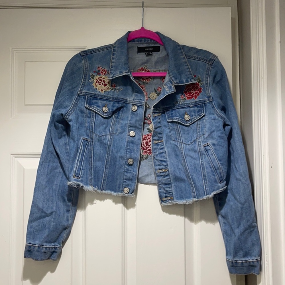 Forever 21 Crop Denim Flower Jean Jacket
